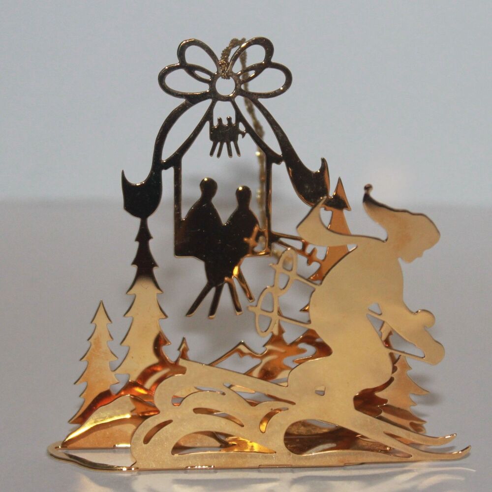 1985 Danbury Mint 23 KT Gold Plated Skiing Christmas Ornament